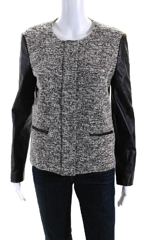 Barneys New York Womens Crew Neck Leather Trim Knit Jacket Black Gray Medium