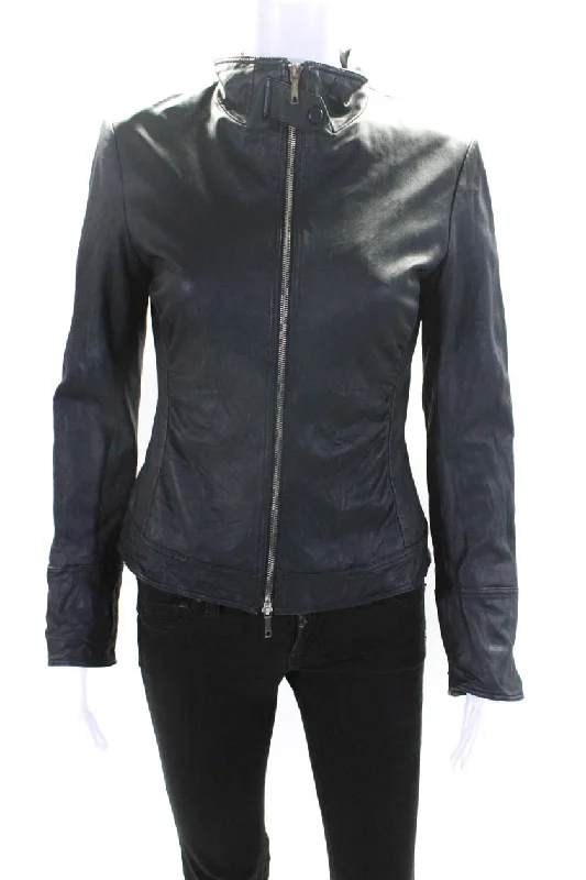 Lafayette 148 New York Womens Black Leather Full Zip Long Sleeve Jacket