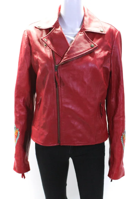 Souleiado Womens Leather Full Zipper Motorcycle Jacket Red