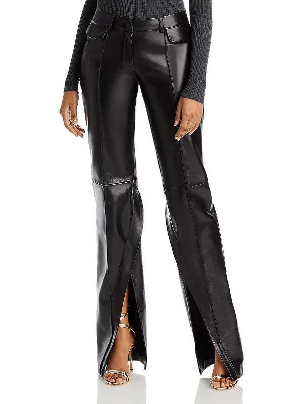 Womens Lambskin Leather High Rise Straight Leg Pants